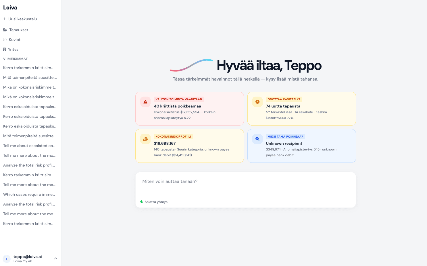 Loivan chat-näkymä, jossa tekoäly selittää poikkeaman syitä ja antaa jatkotoimia.